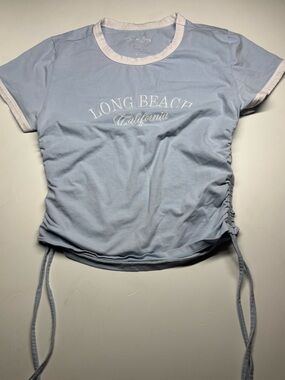 Light Blue "Long Beach California" Drawstring Crop Top